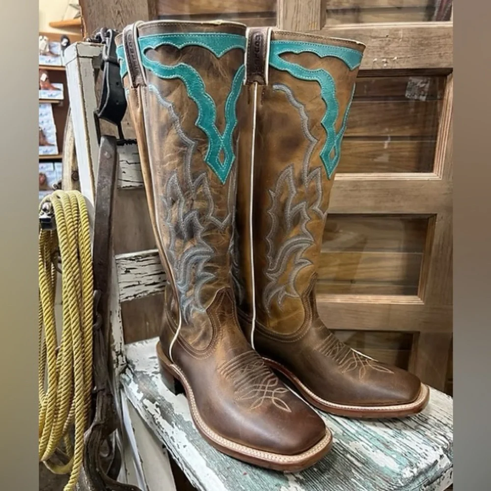 Boulet turquoise rodeo Western leather square toe hillbilly golden Boots NEW - Picture 6 of 9